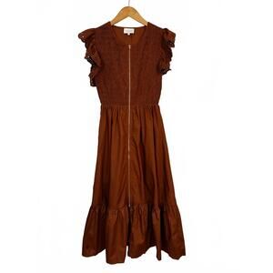 NEW ENTRO women's front zippered flutter midi dress in caramel